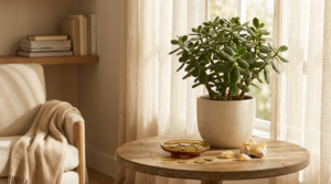Healthy jade money plant by a window — the Feng Shui wealth corner in the southeast