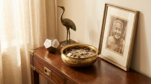 Brass bowl of world coins on a console — the Feng Shui helpful people and opportunity corner