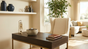 Tidy desk in the commanding position with a small fountain — Feng Shui for career success