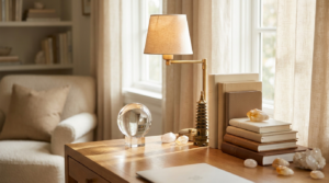 Study desk with a crystal globe and books — Feng Shui for education and focus