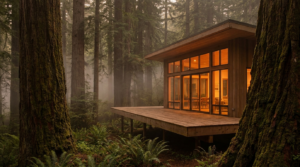 Modern wood-and-glass home among towering redwoods in the Santa Cruz Mountains