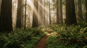 Sunlit redwood forest with ferns — four seasons of Santa Cruz Mountains living