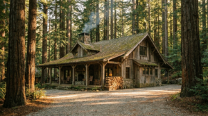 Mountain cabin with a gravel driveway and woodpile among the redwoods