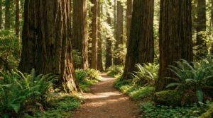 A sunlit trail winding through giant redwoods in the Santa Cruz Mountains